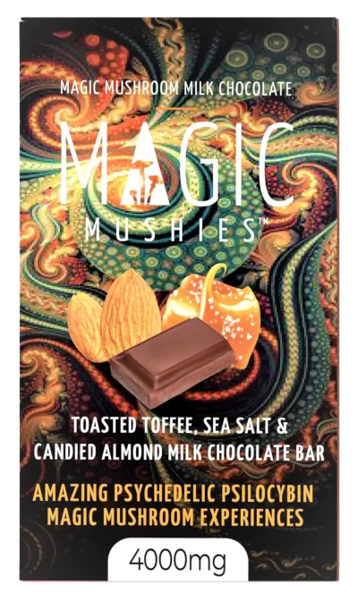 Magic Mushroom Almond Toffee Milk Chocolate Bar Box Front with Bar
