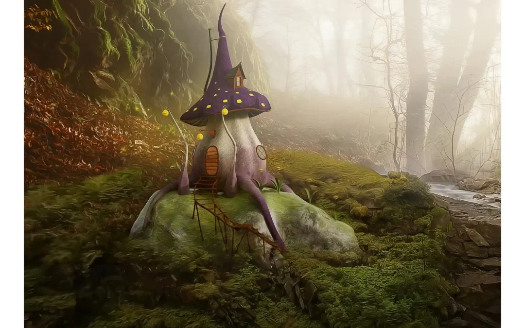 A tiny, magic house made out of a mushroom, on a rock in the forest