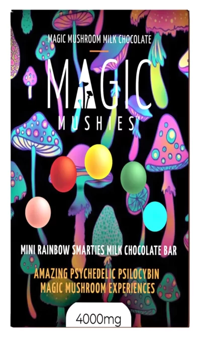 Magic mushroom mini rainbow smartie milk chocolate bar box front