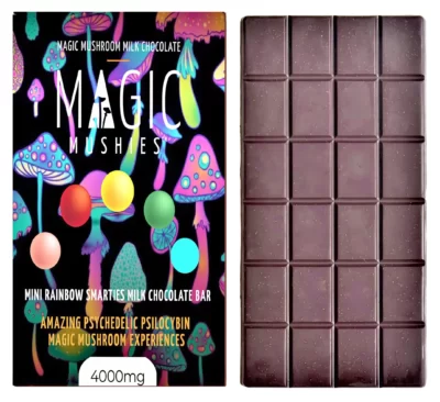 Magic Mushroom Mini Rainbow Smartie Milk Chocolate Bar Box Front with Bar