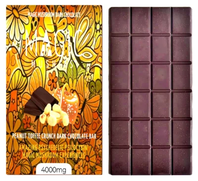 Magic Mushroom Peanut Toffee Crunch Dark Chocolate Bar Box Front with Bar