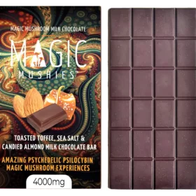 Magic Mushrooms Almond Toffee Milk Chocolate Bar Box Front - Magic Mushies