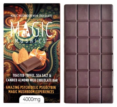 Magic Mushrooms Almond Toffee Milk Chocolate Bar Box Front